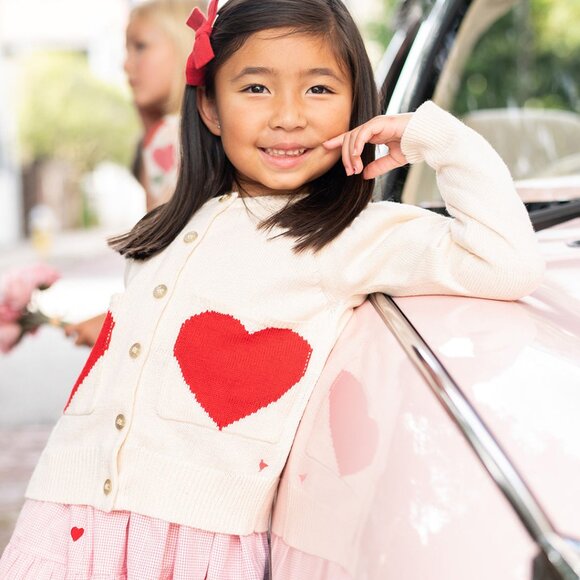 PINK CHICKEN Girls 6Y Cream Red Heart Pocket Glitter Buttons Cardigan Sweater - Picture 2 of 10